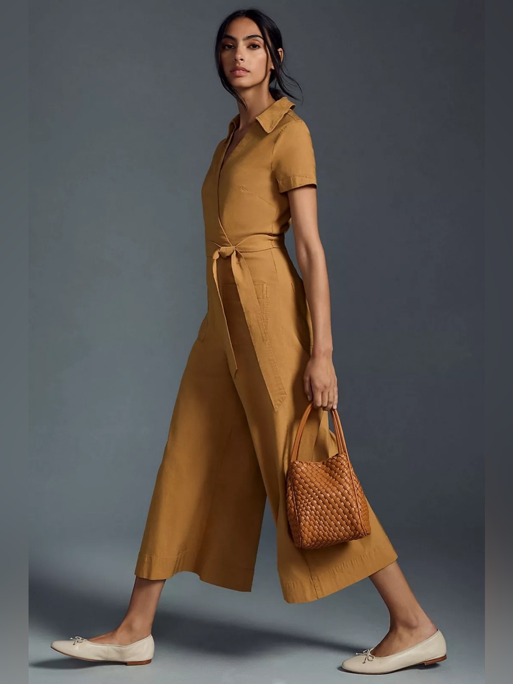 Maeve Camel Wrap-Front Short-Sleeve Wide-Leg Jumpsuit